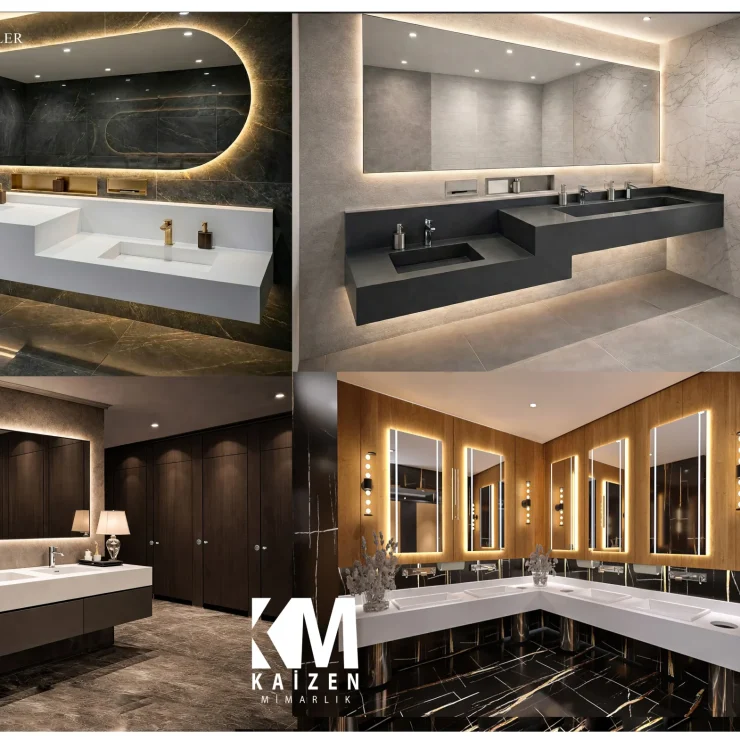 Kaizen Mimarlık imzalı, kademeli monoblok akrilik lavabo ünitesi, ışıklı aynalar ve koyu ahşap cubicle WC kabin uygulaması.