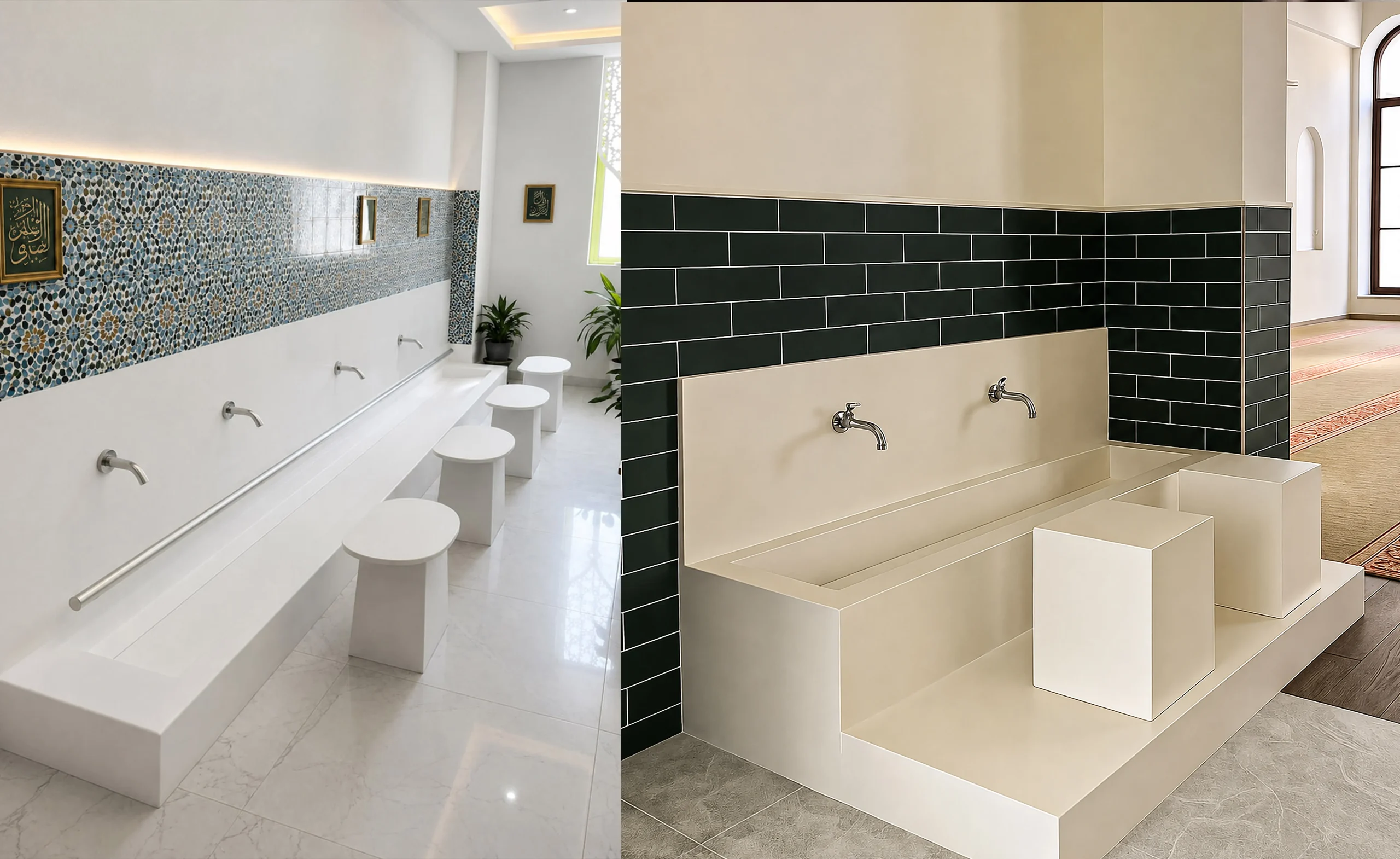 Kaizen Mimarlık üretimi, çini seramik bordürlü ve basamaklı monoblok beyaz ve krem Corian lineer abdest alma teknesi tasarımı.