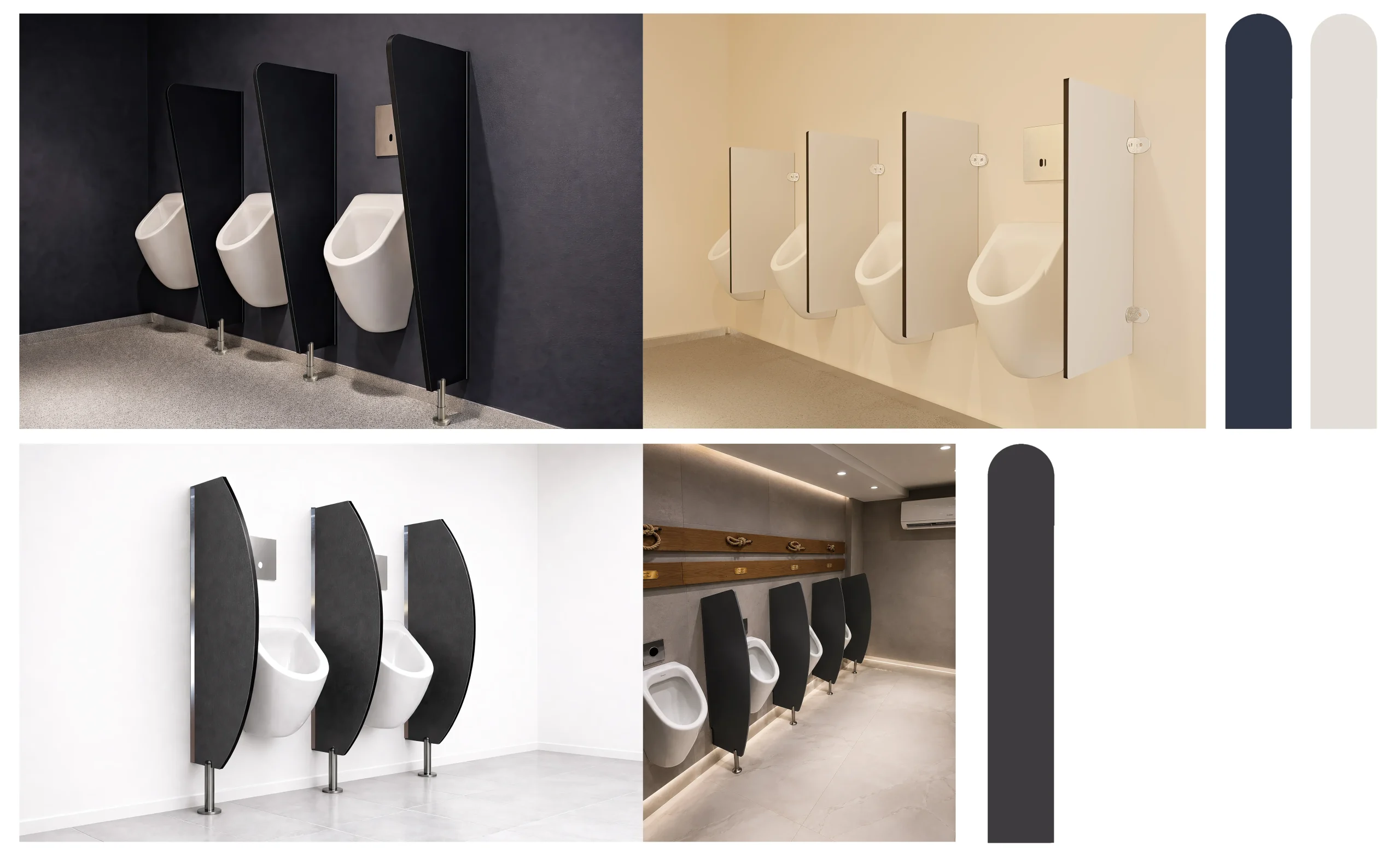 Kaizen Mimarlık tasarımı, antrasit ve beyaz renk seçeneklerine sahip, paslanmaz ayaklı modern kompakt laminat ve akrilik WC pisuvar bölme sistemleri.