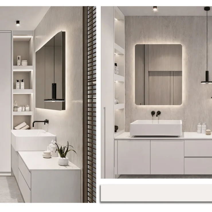 Kaizen Mimarlık imzalı, led aydınlatmalı ayna, modern siyah bataryalar ve dikişsiz beyaz Corian tezgah ile entegre edilmiş şık ve minimalist banyo dolabı tasarımı.