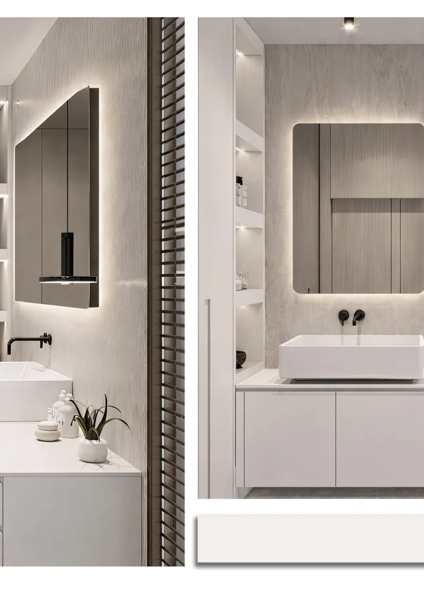 Kaizen Mimarlık imzalı, led aydınlatmalı ayna, modern siyah bataryalar ve dikişsiz beyaz Corian tezgah ile entegre edilmiş şık ve minimalist banyo dolabı tasarımı.