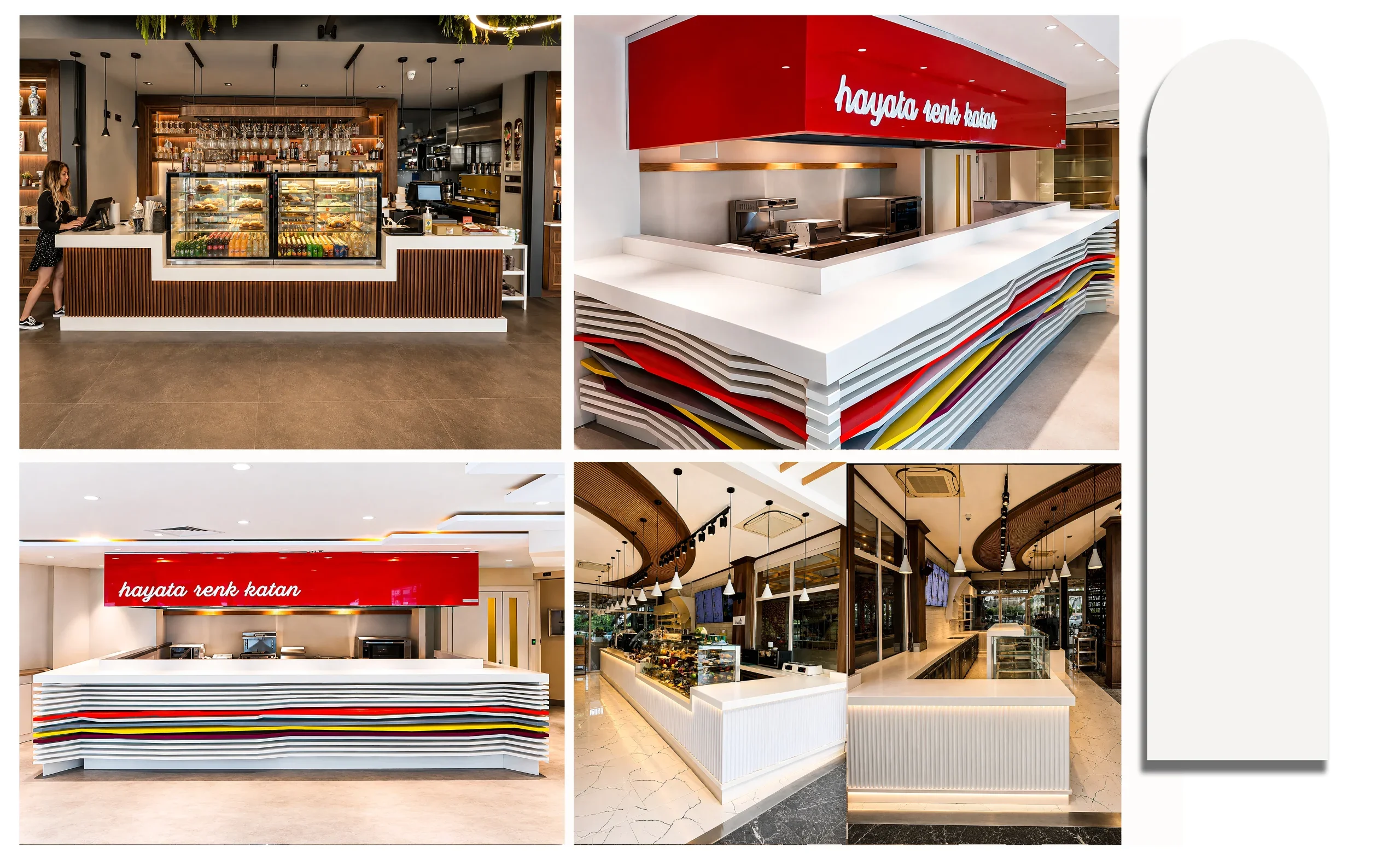 Kafe ve restoranlar için renkli dalga detaylı, hijyenik Corian servis tezgahı kaplaması.