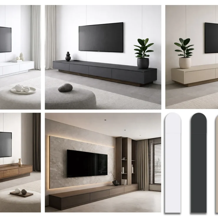 Kaizen Mimarlık tasarımı, farklı renk ve malzeme seçeneklerine sahip, led aydınlatmalı taş dokulu duvar paneliyle bütünleşen minimalist TV ünitesi uygulaması.