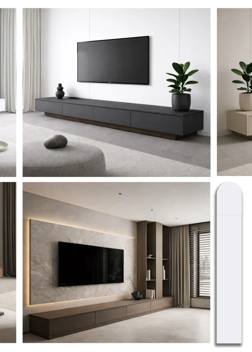 Kaizen Mimarlık tasarımı, farklı renk ve malzeme seçeneklerine sahip, led aydınlatmalı taş dokulu duvar paneliyle bütünleşen minimalist TV ünitesi uygulaması.
