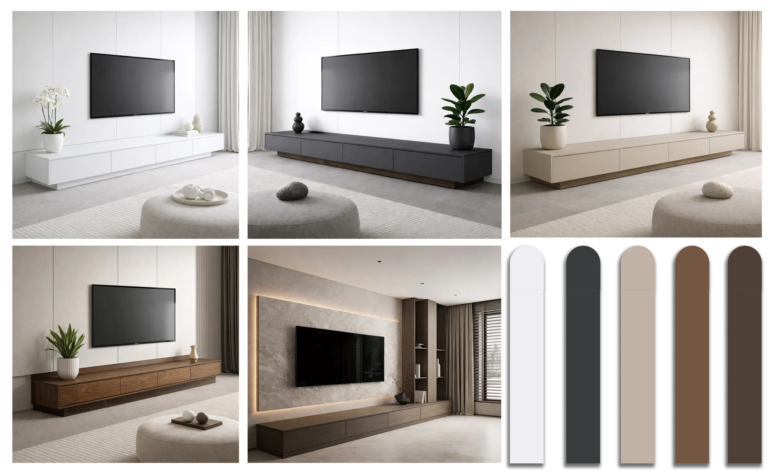 Kaizen Mimarlık tasarımı, farklı renk ve malzeme seçeneklerine sahip, led aydınlatmalı taş dokulu duvar paneliyle bütünleşen minimalist TV ünitesi uygulaması.